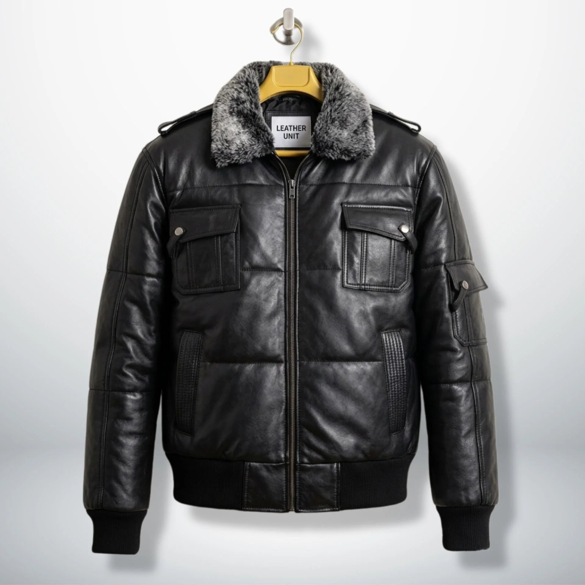 Front view of Rafael black men's puffer bomber leather jacket with faux fur collar by Leather Unit