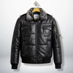 Front view of Rafael black men's puffer bomber leather jacket with faux fur collar by Leather Unit
