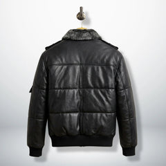 Back view of black puffer bomber leather jacket for men with ribbed hem