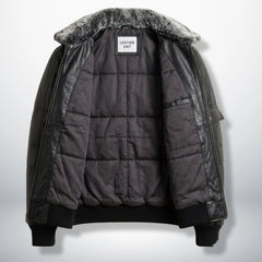Interior quilted lining of black puffer bomber leather jacket for men