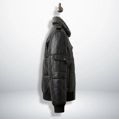 Side profile of men's black leather puffer bomber jacket with sleeve pocket
