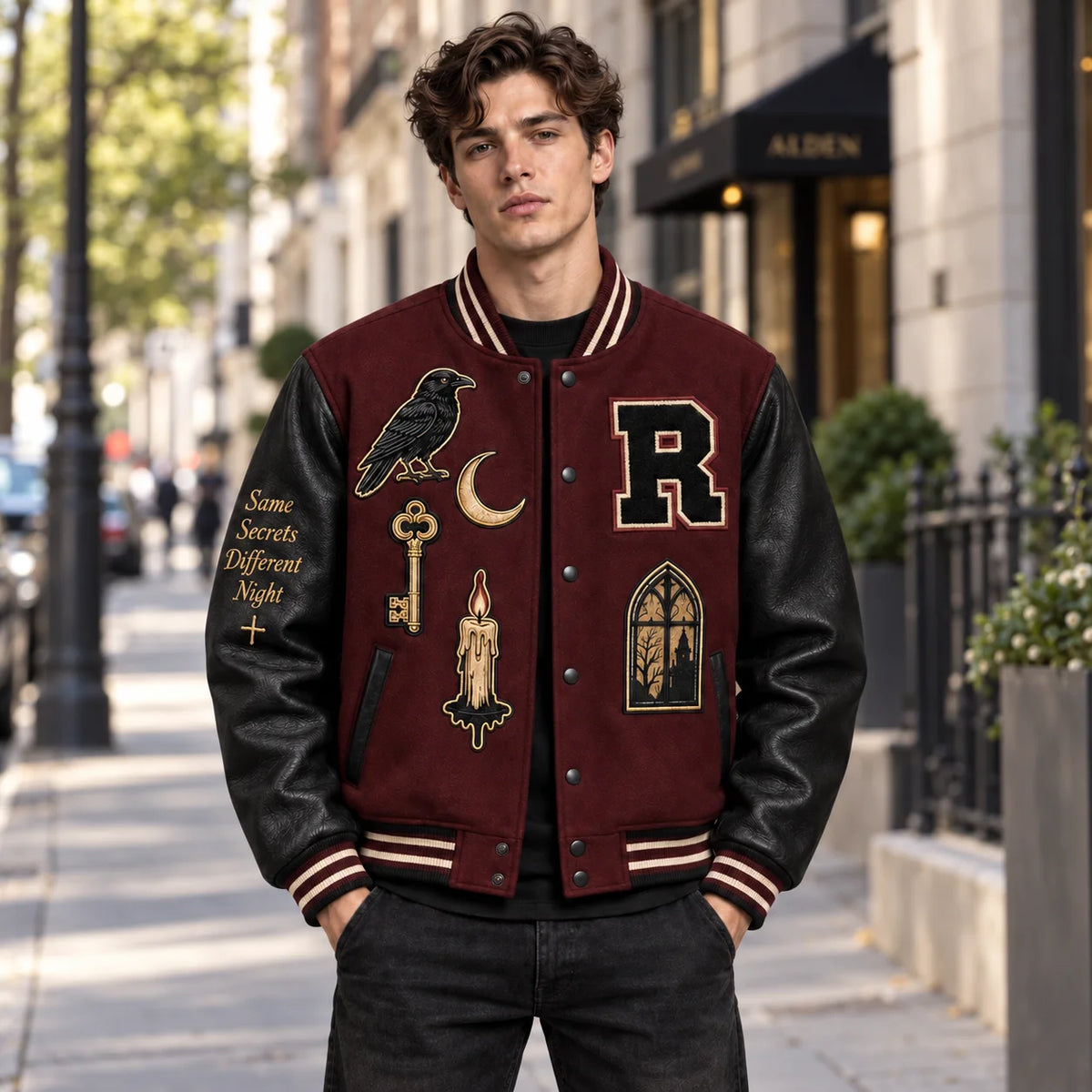 Model wearing burgundy Raven Manor gothic varsity jacket with black leather sleeves and raven embroidery outdoors