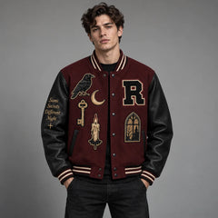 Front studio view of burgundy Halloween varsity jacket with raven, moon, key and candle embroidered patches
