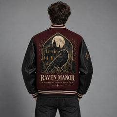 Back model view of Raven Manor gothic varsity jacket showing raven, full moon and haunted mansion artwork