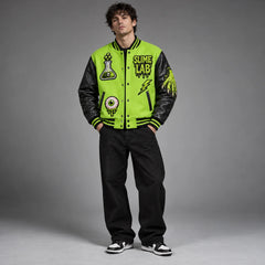 Front studio view of neon green Mad Scientist varsity jacket with flask, eyeball, lightning and slime hand patches