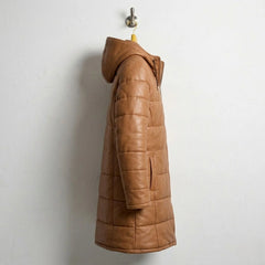Side profile of Men's Tan Hooded Real Leather Puffer Coat
