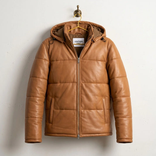 Men's Tan Hooded Leather Puffer Jacket front view - Genuine Sheepskin by Leather Unit