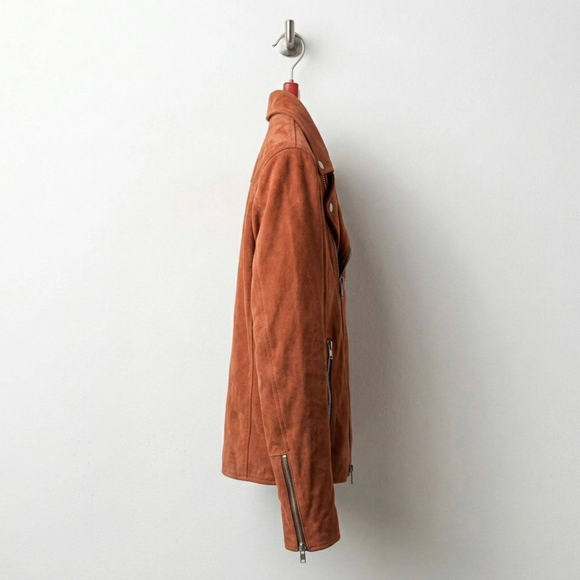 Side view of mens tan suede biker jacket with asymmetrical front zip