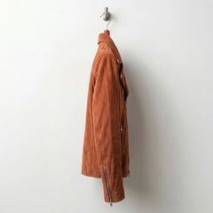 Side view of mens tan suede biker jacket with asymmetrical front zip
