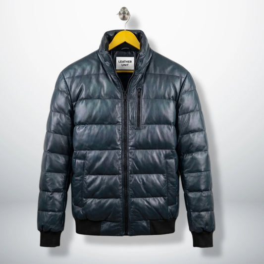 Men's Teal Leather Puffer Bomber Jacket front view - Genuine Lambskin by Leather Unit