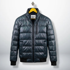 Men's Teal Leather Puffer Bomber Jacket front view - Genuine Lambskin by Leather Unit