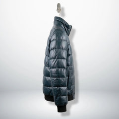 Side profile of Men's Teal Lambskin Puffer Bomber Jacket