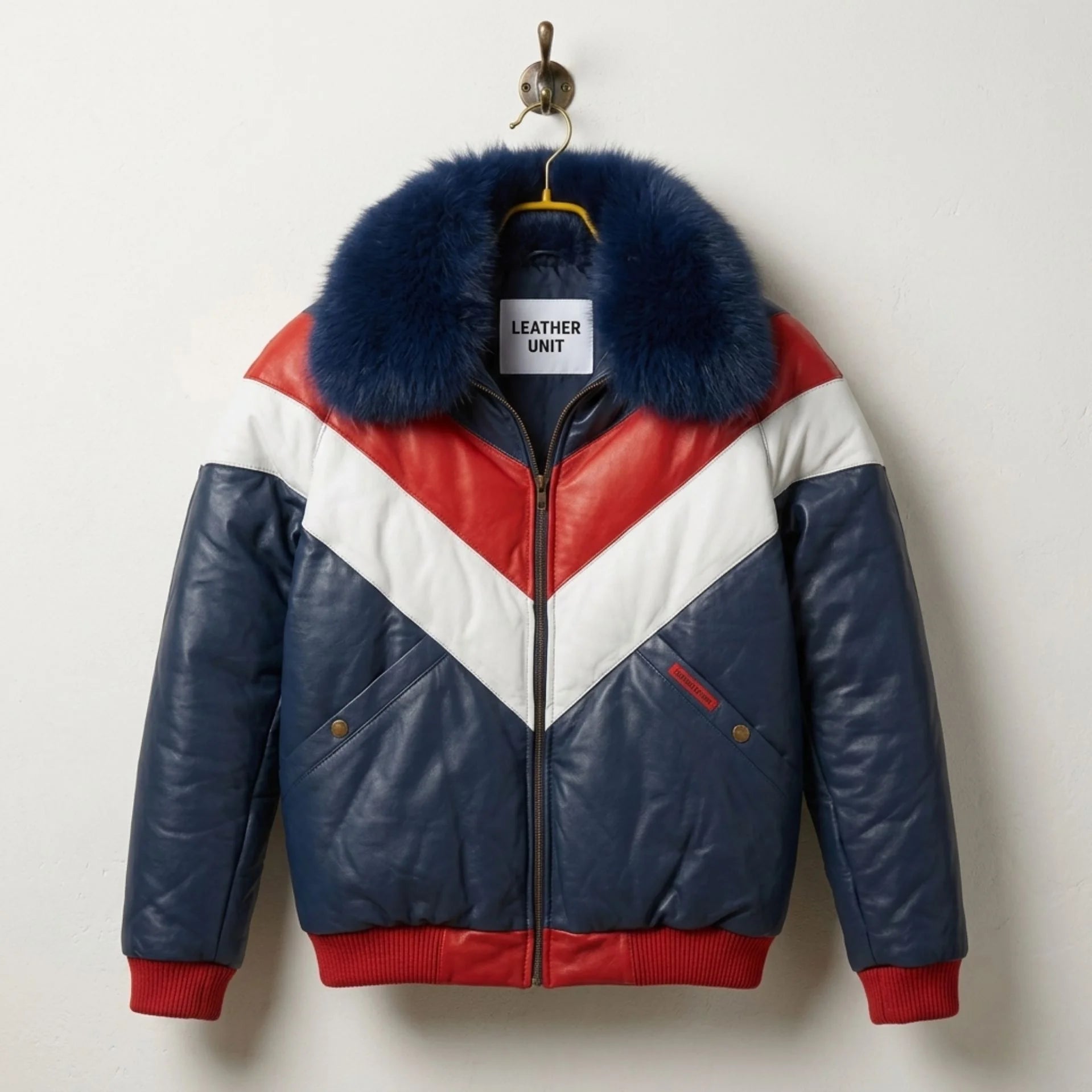 Men's Two-Tone Leather Puffer Jacket with Fur Collar front view - Genuine Leather by Leather Unit