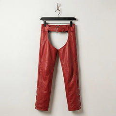 Front view of red leather motorcycle chaps with braided sides and belt