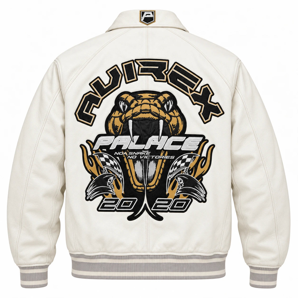 White varsity bomber jacket back view featuring large black and gold snake racing graphics and striped ribbed waistband