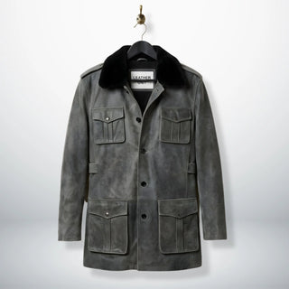 front view vintage grey leather coat for men with black shearling collar by Leather Unit.
