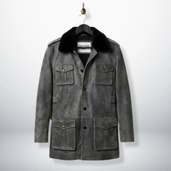 front view vintage grey leather coat for men with black shearling collar by Leather Unit.