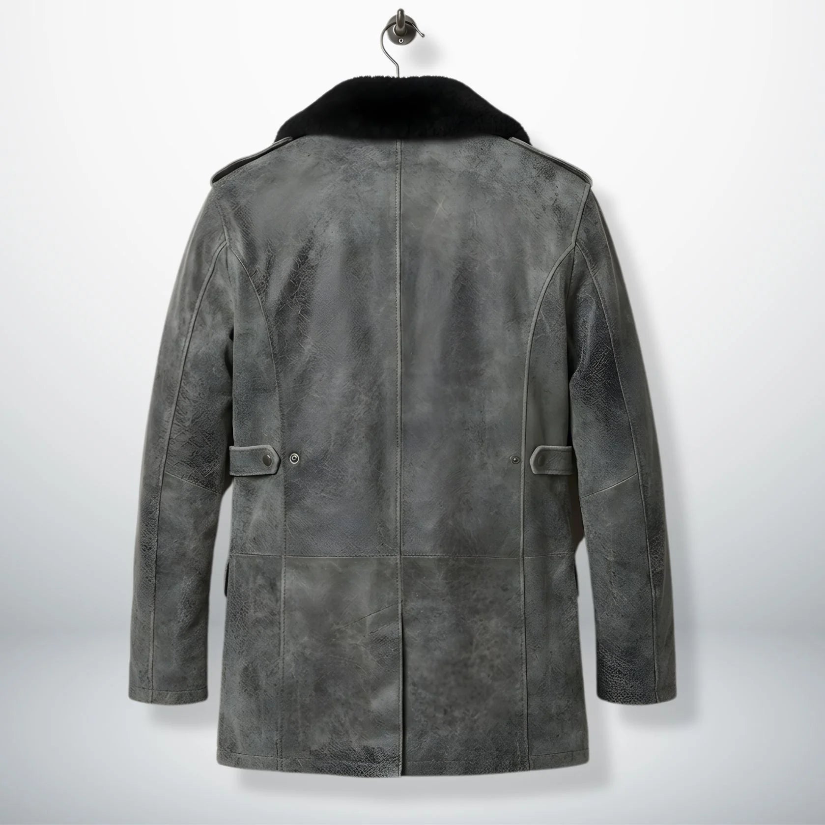 back view mens grey leather field coat with adjustable side tabs.