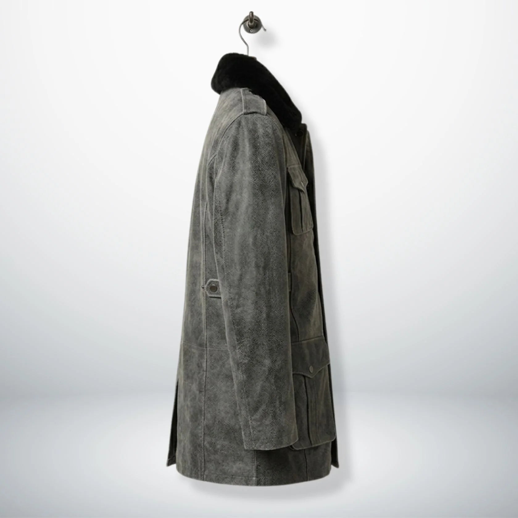side profile mens vintage grey long leather jacket hanging on hook.