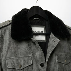 close up black shearling collar and epaulettes on mens grey leather coat.