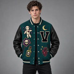 Front studio view of deep teal gothic varsity jacket featuring skull, voodoo doll, moon and heart embroidery