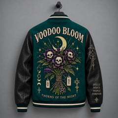 Back hanging view of gothic varsity jacket with Voodoo Bloom lettering, skull bouquet and crescent moon embroidery