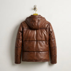 Waxed Brown Leather Puffer Jacket back view showing quilted design - Leather Unit