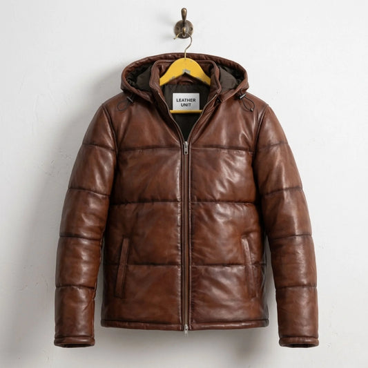 Men's Waxed Brown Hooded Leather Puffer Jacket front view - Genuine Sheepskin by Leather Unit