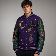 Three-quarter model view of purple Halloween varsity jacket with black cat, moon, witch hat and potion patches
