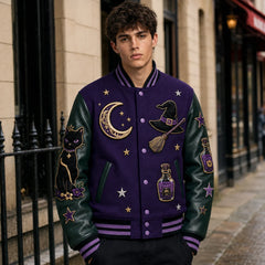 Lifestyle front view of purple Halloween varsity jacket with dark emerald leather sleeves and embroidered witch patches