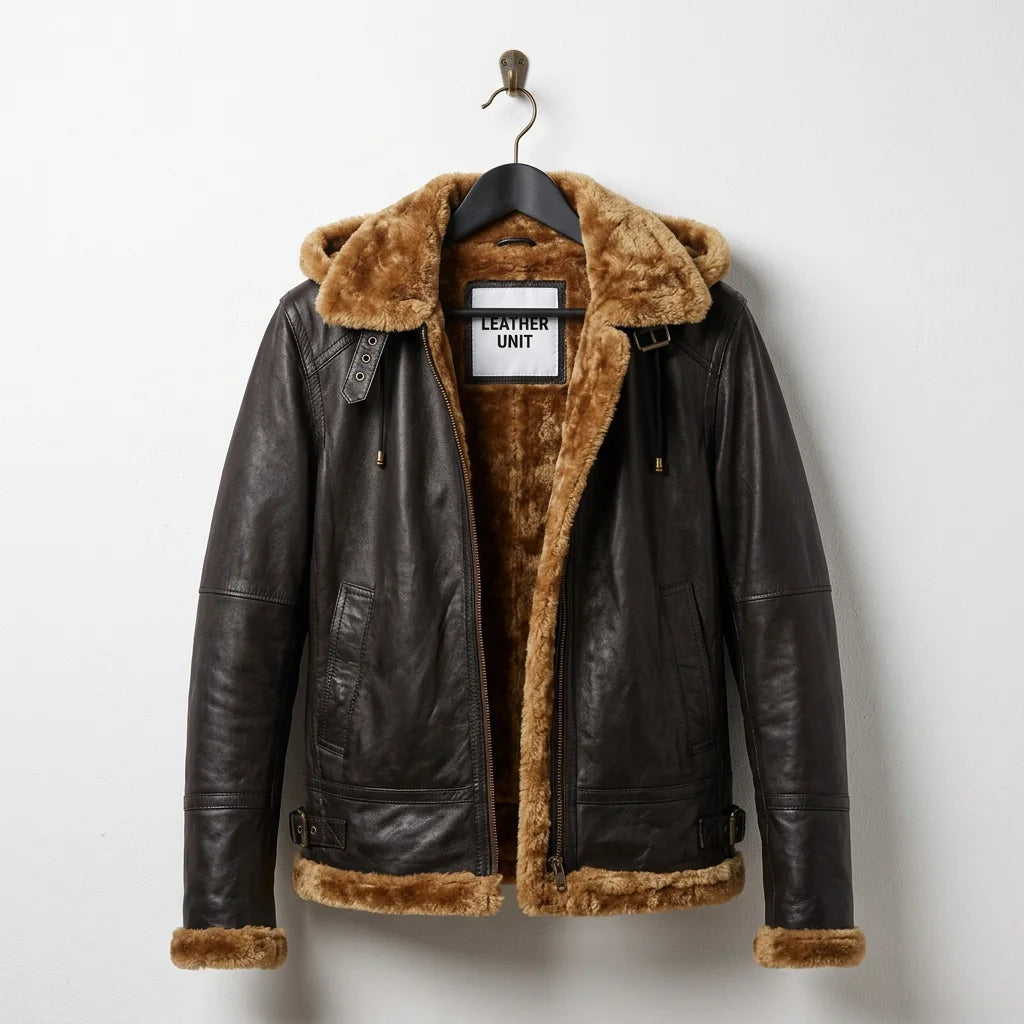 Front view of women’s brown B3 aviator shearling leather jacket with hood by Leather Unit