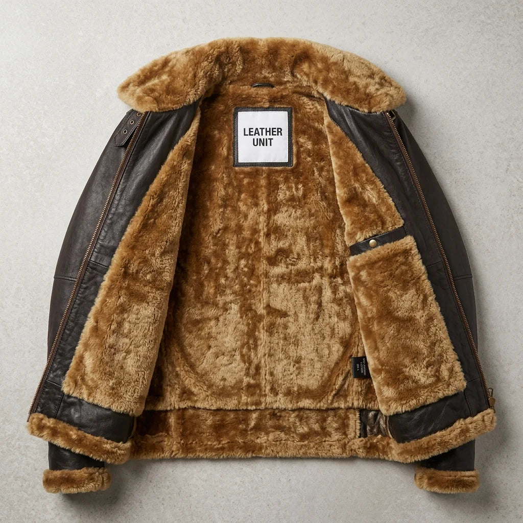 Inside view showing full faux-shearling lining on women’s brown B3 leather jacket