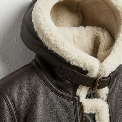 Close up of hood and collar buckle on women’s brown B3 shearling aviator jacket