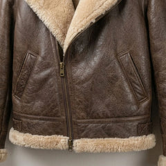 Zipped front and hem detail on women’s brown shearling leather bomber jacket