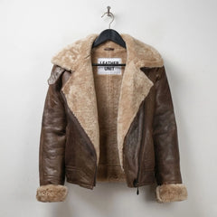 Front view of women’s B3 shearling brown leather bomber jacket by Leather Unit