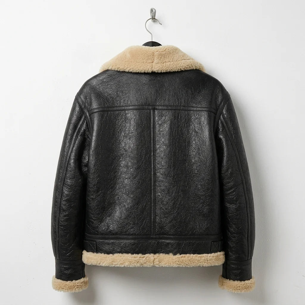 Back View of Women’s black aviator shearling leather jacket