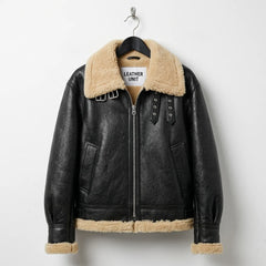 Front View of Women’s black aviator shearling leather jacket by Leather Unit