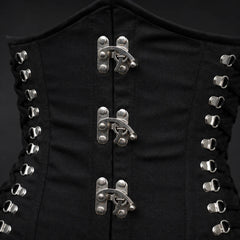Close-up of black cotton corset front showing metal hook clasps, stitched panels, side lace fittings and matte fabric texture