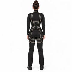 Full rear view of women's leather corset harness revealing eyelet lacing, adjustable back straps and symmetrical thigh buckles.