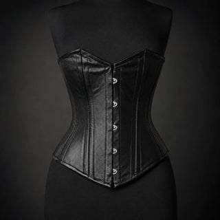 Front product view of black cowhide overbust corset with pointed sweetheart edge, stitched panels and front clasps.
