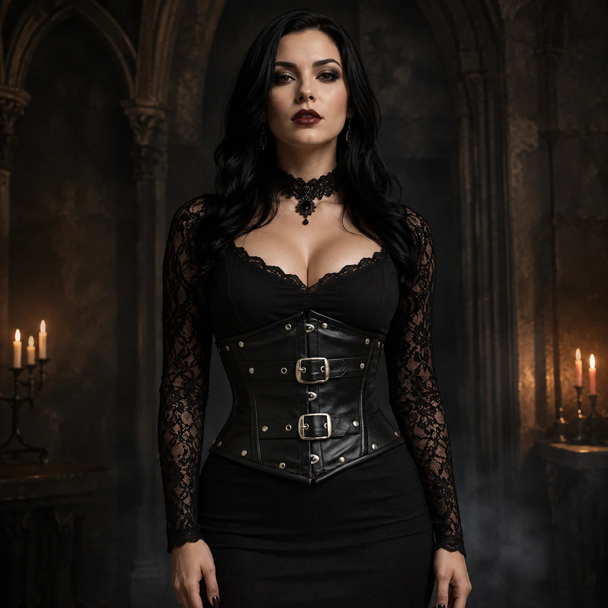 Front lifestyle view of woman wearing black cowhide underbust corset with two buckle straps, studs and gothic styling.
