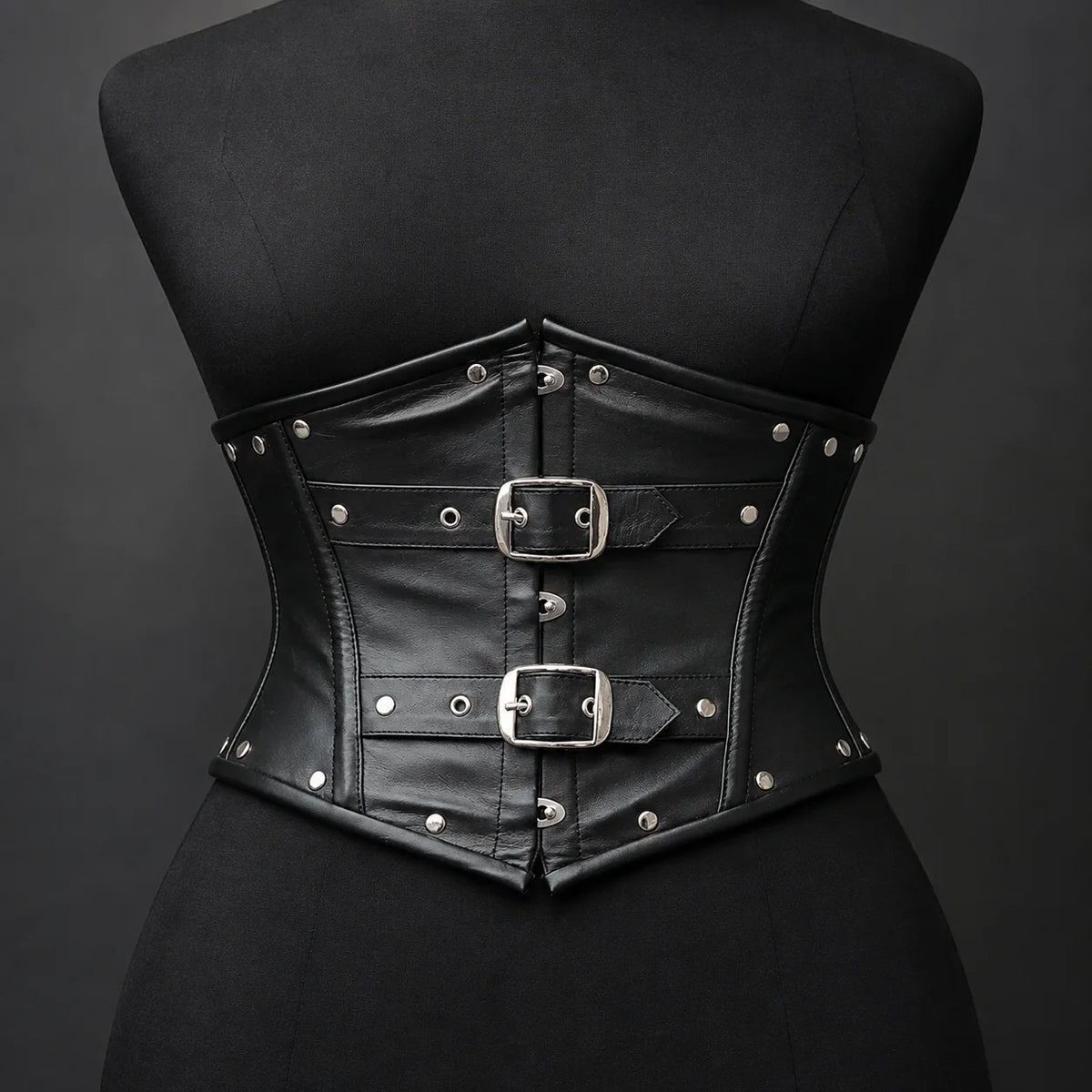 Front product view of black cowhide underbust corset with twin buckle straps, studs and curved structured waist shape.