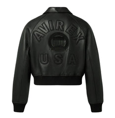 Full back view of women’s black cropped leather bomber jacket with tonal lettering, crest graphics and rib-knit waistband