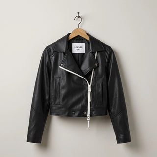 Front view of women’s black cropped leather moto biker jacket by Leather Unit