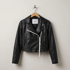 Front view of women’s black cropped leather moto biker jacket by Leather Unit