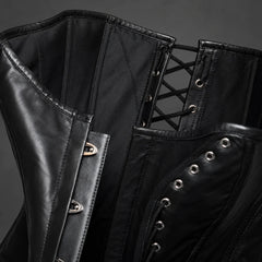 Close-up of black leather corset construction showing eyelets, rear lacing, inner fabric panels, stitching and busk detail.