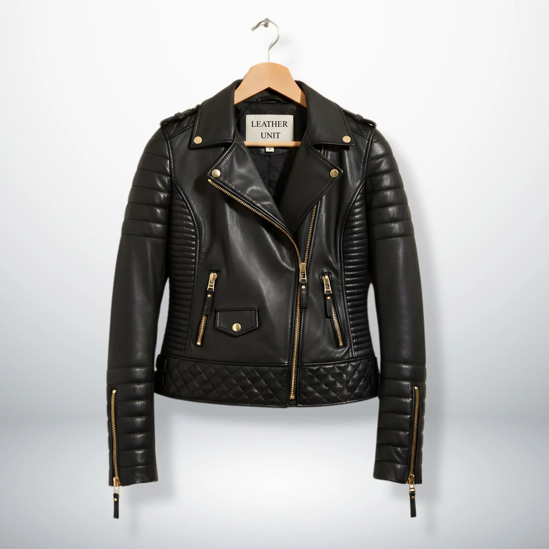 front view womens black leather motorcycle jacket with gold zips by Leather Unit.