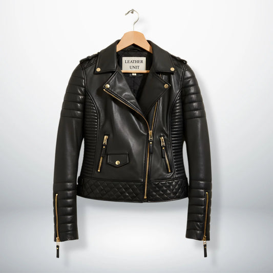 front view womens black leather motorcycle jacket with gold zips by Leather Unit.