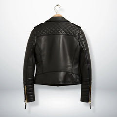 back view womens black quilted leather biker jacket on hanger.