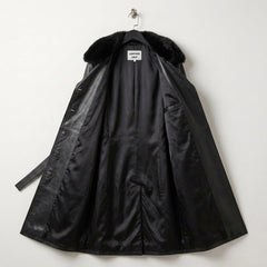 Inside view of black leather trench coat showing full satin lining